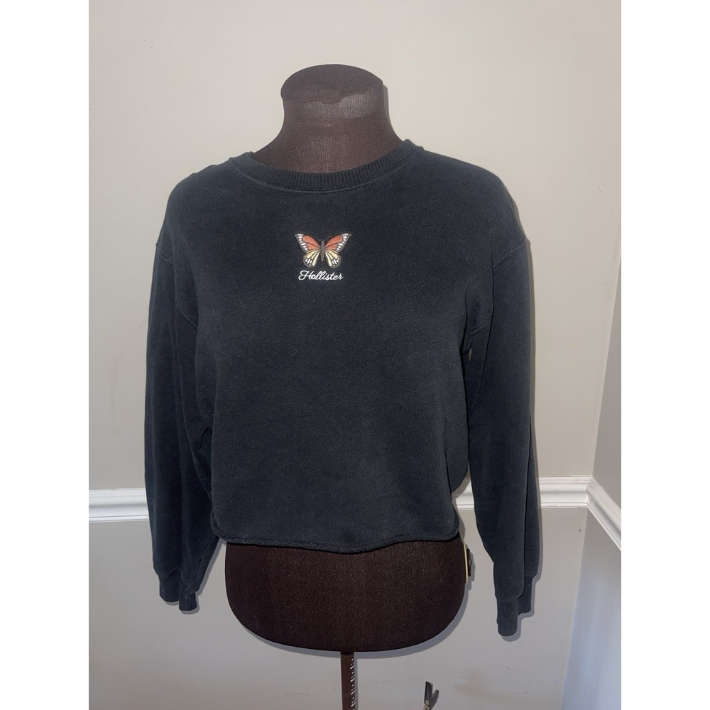 Hollister Embroidered Butterfly Cropped Sweatshirt Black Womens Small Oversized